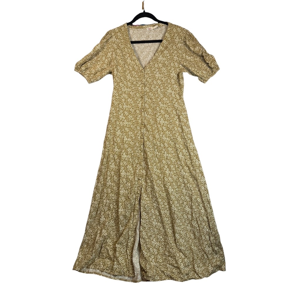 Faherty Brand Olive Green Floral‎ Button Front V-Neck Midi Dress